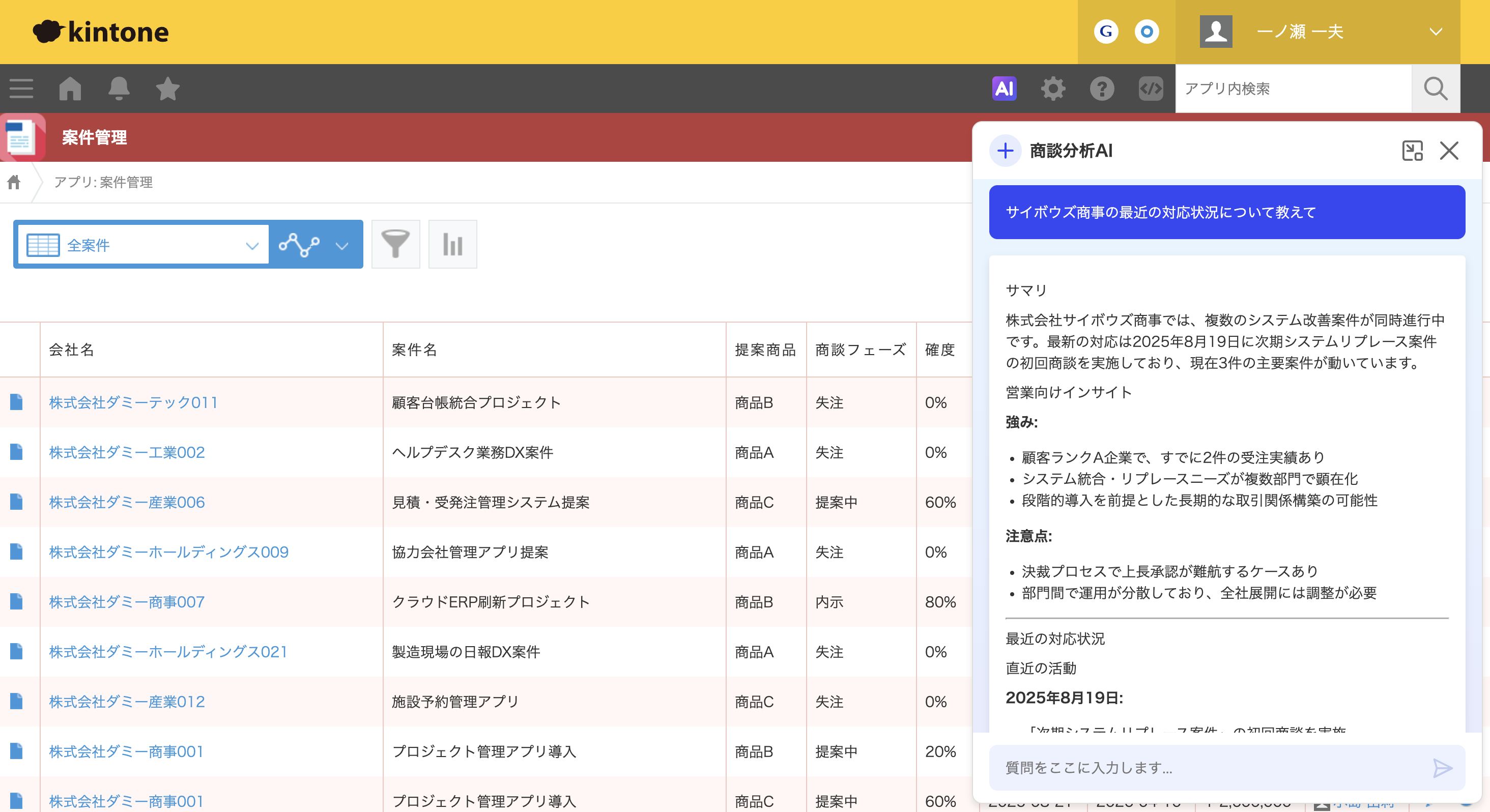 案件管理アプリに設定された検索AIで、サイボウズ商事の最近の対応状況について質問している