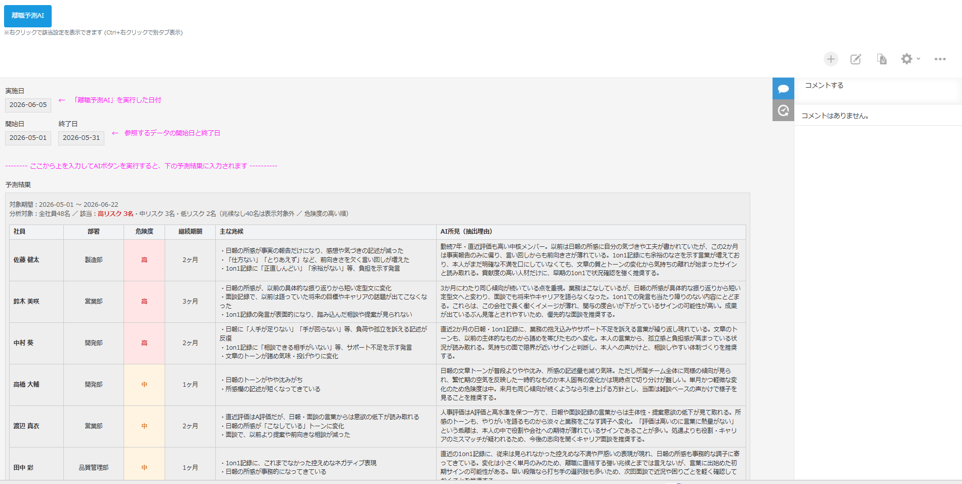 kintoneの「離職予測」アプリの画面