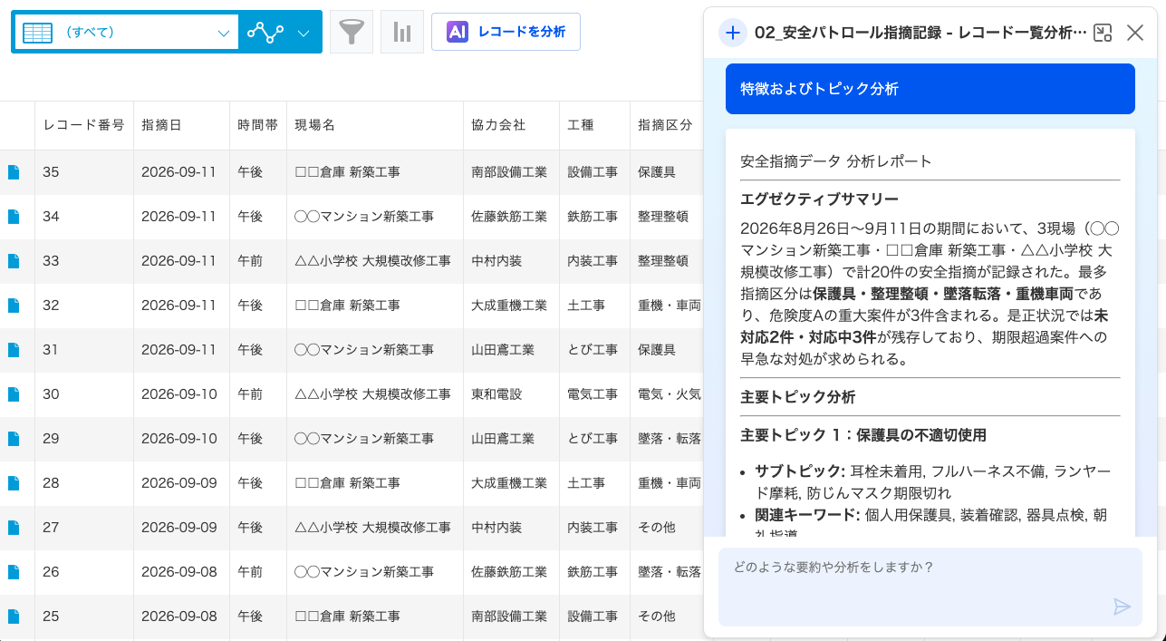 「特徴およびトピック分析」の例